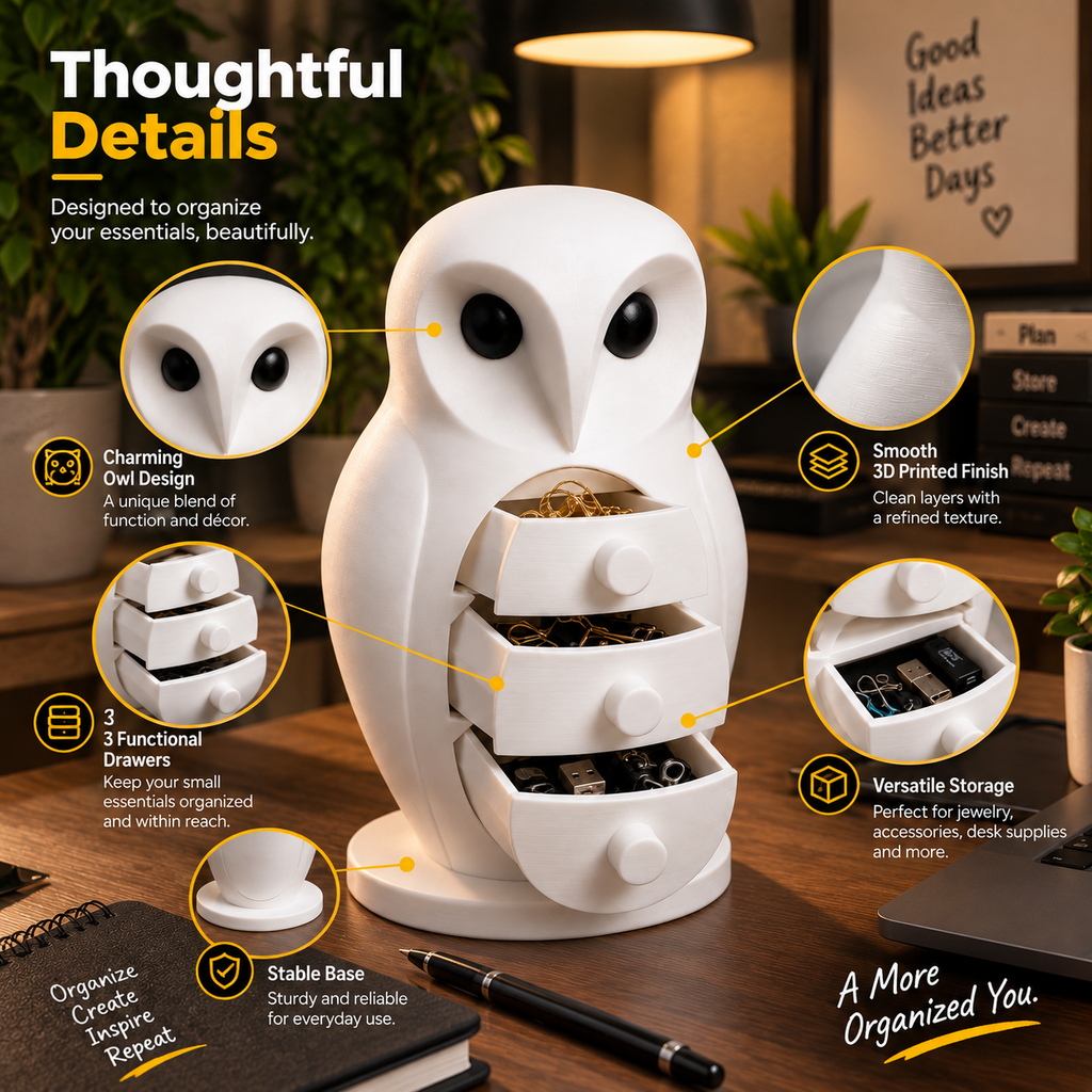 Owl Jewellery & Accessories Organizer – 3 Drawer Desktop Storage