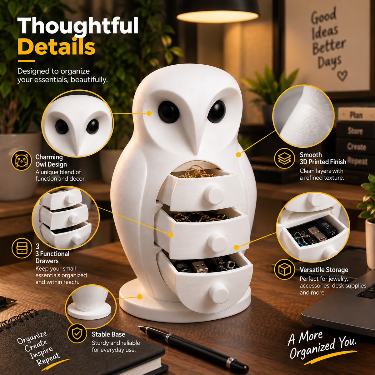 Owl Jewellery & Accessories Organizer – 3 Drawer Desktop Storage