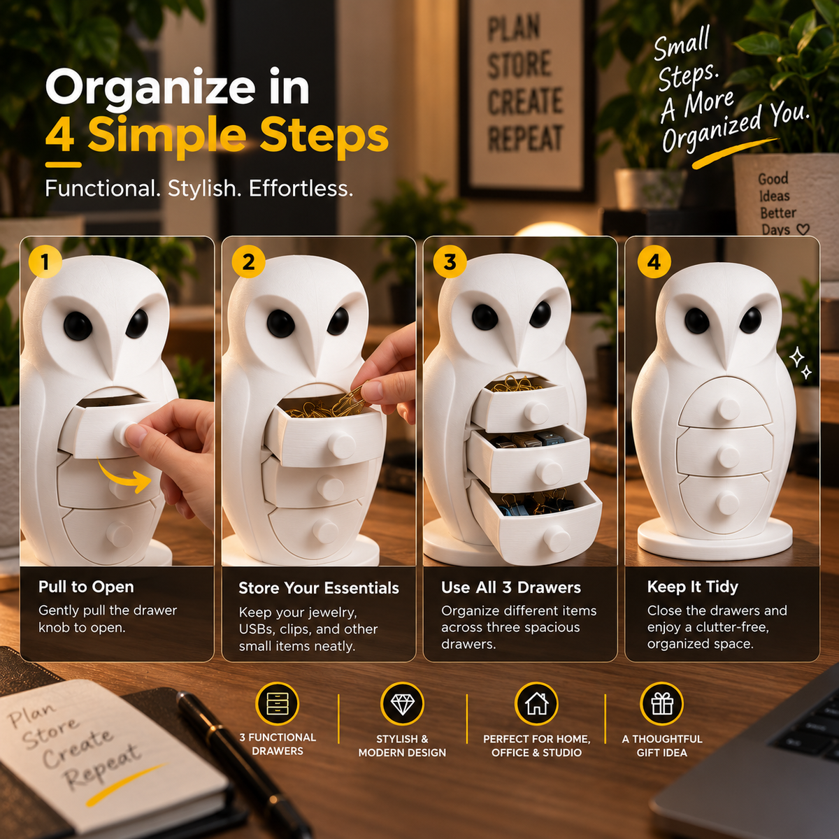 Owl Jewellery & Accessories Organizer – 3 Drawer Desktop Storage