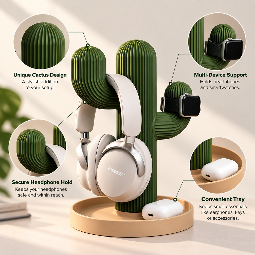 Cactus Headphone Stand – Headset, Smartwatch & Accessories Desk Organizer with Tray