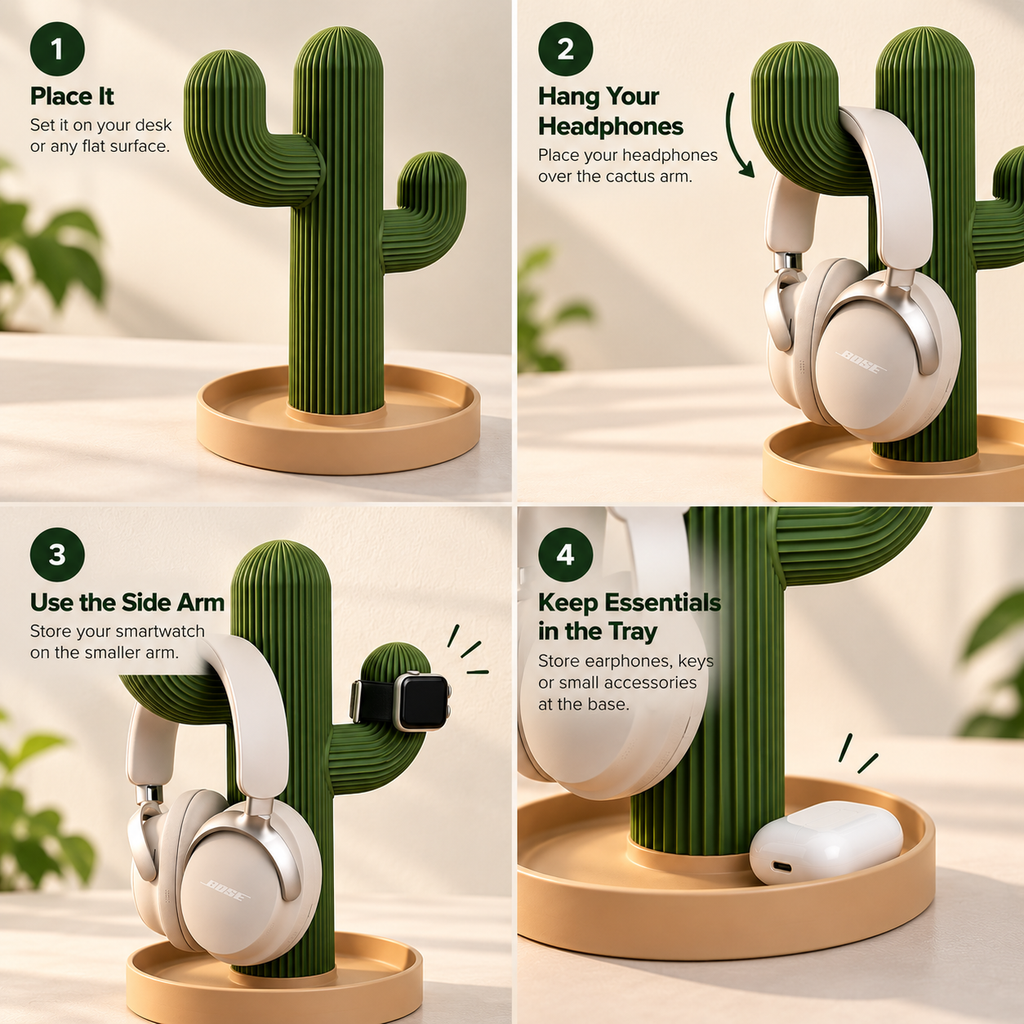 Cactus Headphone Stand – Headset, Smartwatch & Accessories Desk Organizer with Tray