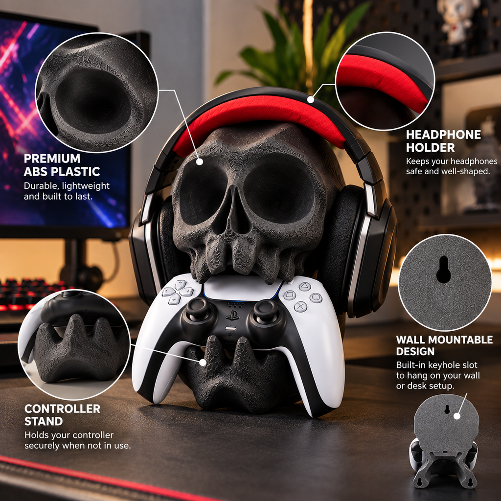 Skull Controller & Headphone Stand – Wall Mounted Gaming Headset & Controller Holder