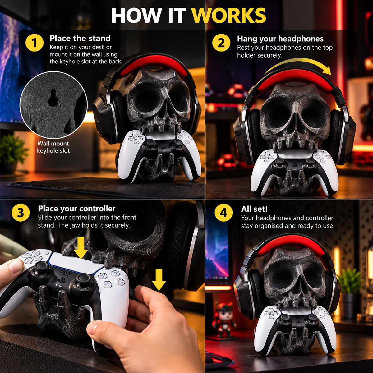 Skull Controller & Headphone Stand – Wall Mounted Gaming Headset & Controller Holder