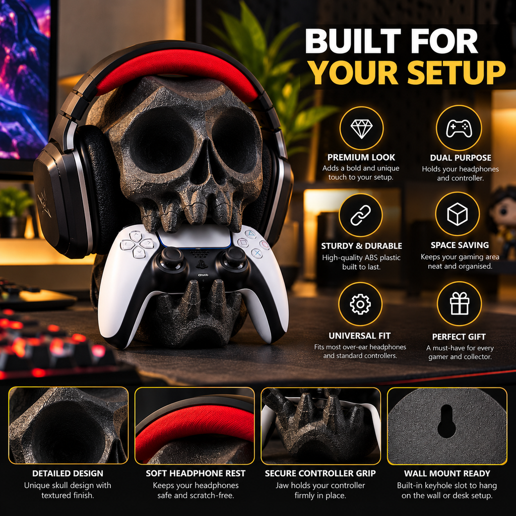 Skull Controller & Headphone Stand – Wall Mounted Gaming Headset & Controller Holder