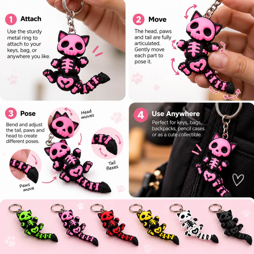 Halloween Spooky Cat – Articulated Skeleton Cat Keychain & Fidget Toy