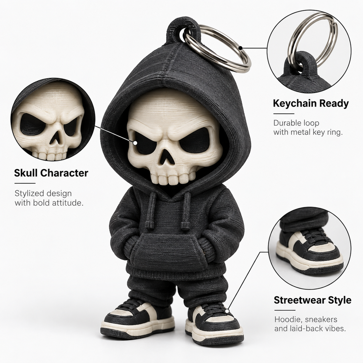 Street Skull Keychains – Action Toy Hoodie Figures & Skull Bag Charms